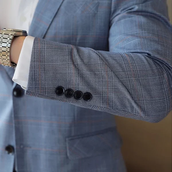 Stylish and Trendy Men's Slim Boutique Fashion Casual Plaid Suit Blazer Jacket Single Button Luxury Vintage Blue Suit Coat - Image 5