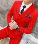 ( Jackets + Pants ) Solid Color Double Breasted Mens Suit Groom Wedding Dress Dinner Party Prom Suits Formal Business Tuxedo