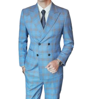 S-5XL ( Blazer + Pants ) Men's High-end Brand Formal Double Breasted Suit Gray 2 Piece Set Wedding Dress Plaid Suit Groom Party