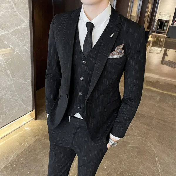 ( Blazer + Vest + Pants ) High-end Formal Casual Business Striped Fashion Men's 3 Piece Suit Groom Wedding Dress Suit - Image 4