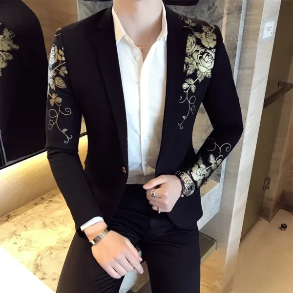2024 New Luxury Gold Print Blazer Slim Fit Men Blazer Stage Cloth Social Party Wedding Dress Male Black Suit Jacket - Image 3
