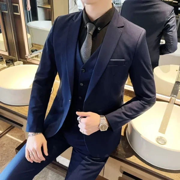 Boutique Solid Color Men's Casual Office Business Suit Three and Two Piece Set Groom Wedding Dress Blazer Waistcoat Trousers - Image 3