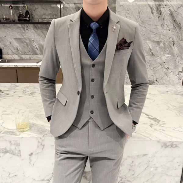 ( Blazer + Vest + Pants ) High-end Retro Fashion Plaid Casual Business Men's Suit 3 Pcs Set Groom Groomsmen Party Wedding Dress - Image 3