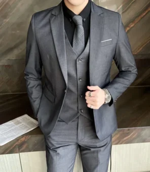 Boutique Solid Color Men's Casual Office Business Suit Three and Two Piece Set Groom Wedding Dress Blazer Waistcoat Trousers