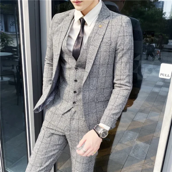 Blazer Vest Pants Stripe Plaid Mens Formal Business Office Suit Groom Wedding Dress Party Stage Host Men Korean Slim Suit Tuxedo - Image 3