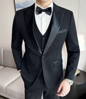 ( Jacket + Vest + Pants ) High-end Brand Boutique Fashion Men's Casual Business Black Smoking Suit Groom Wedding Dress Tuxedo