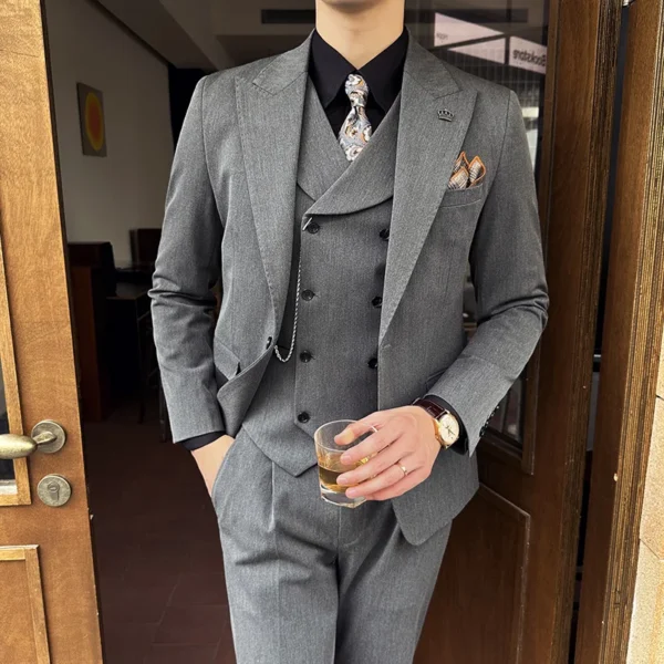 ( Blazer + Vest + Pants ) High-end Brand Boutique Fashion Solid Color Slim Suit 3piece Set Groom Wedding Dress Party Suit - Image 3