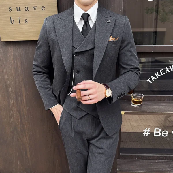 ( Blazer + Vest + Pants ) High-end Brand Boutique Fashion Solid Color Slim Suit 3piece Set Groom Wedding Dress Party Suit - Image 4
