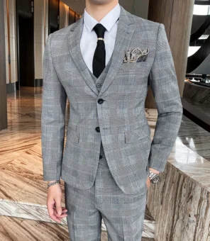 Jacket Vest Pants Spring Autumn Thick Luxury Houndstooth Plaid Formal Business Men's Suit Groom Wedding Dress Stage Slim Suit