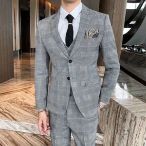 Jacket Vest Pants Spring Autumn Thick Luxury Houndstooth Plaid Formal Business Men's Suit Groom Wedding Dress Stage Slim Suit
