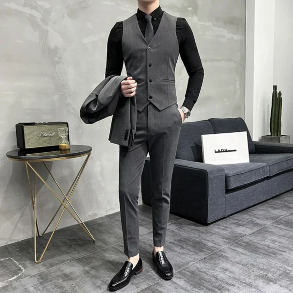 ( Blazer + Vest + Pants ) Boutique Fashion Solid Color Men's Slim Casual Business Suit Three-piece Set Groom Wedding Dress Party - Image 5