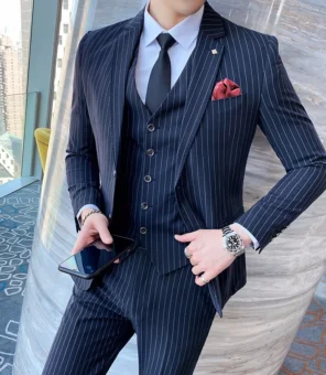 ( Jacket + Vest + Pants ) Prom Groom Tuxedos Latest Designs Male Wedding Suits 3Pcs Set Men's striped casual business suit