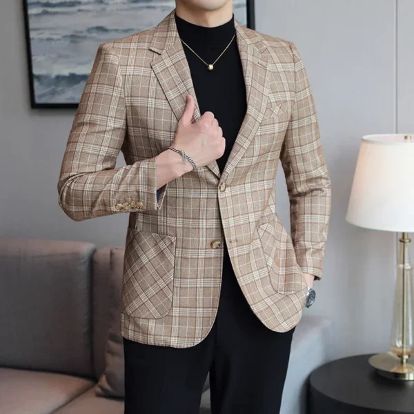Luxury High-end Brand Solid Color Plaid Stripe Men's Casual Business Blazer Groom Wedding Dress Party Show Host Suit Jacket Coat - Image 5