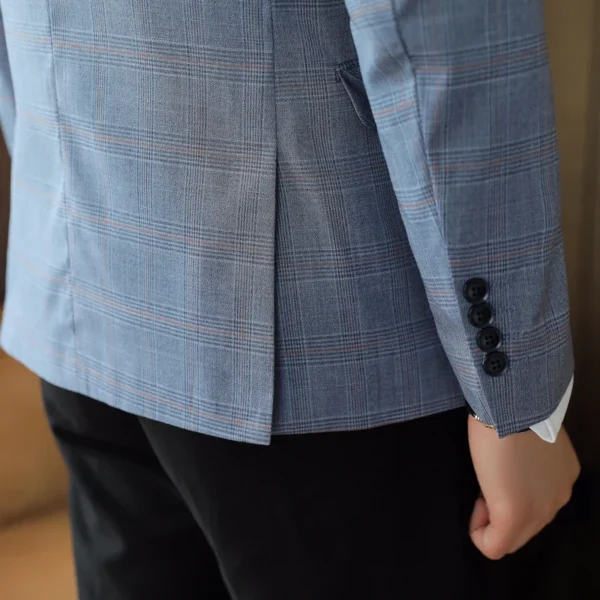 Stylish and Trendy Men's Slim Boutique Fashion Casual Plaid Suit Blazer Jacket Single Button Luxury Vintage Blue Suit Coat - Image 3