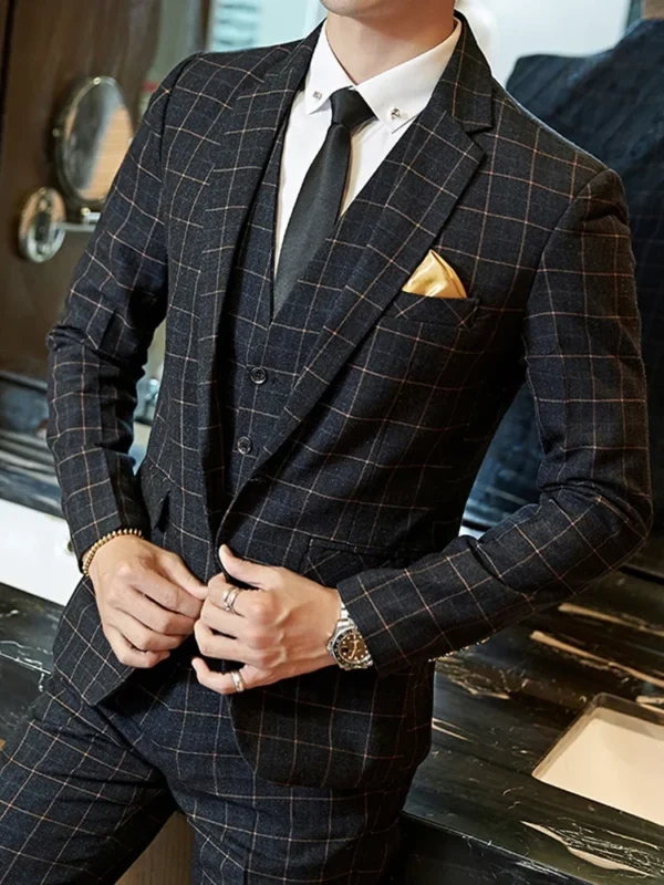 Blazer Vest Pants Groom Wedding Dress Stage Party Suit Three Piece Set and Two Piece Set Mens casual business classic plaid suit - Image 3