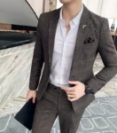 ( Blazer + Pants ) High-end Brand Formal Business Plaid Mens Suit Groom Wedding Dress Solid Color Stage Performance Tuxedo S-7XL