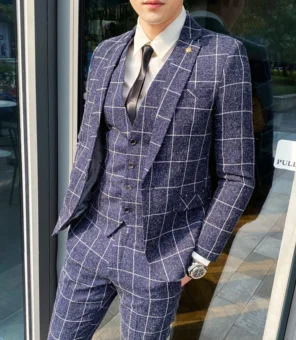 Blazer Vest Pants Stripe Plaid Mens Formal Business Office Suit Groom Wedding Dress Party Stage Host Men Korean Slim Suit Tuxedo