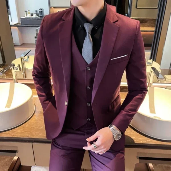 Boutique Solid Color Men's Casual Office Business Suit Three and Two Piece Set Groom Wedding Dress Blazer Waistcoat Trousers - Image 4
