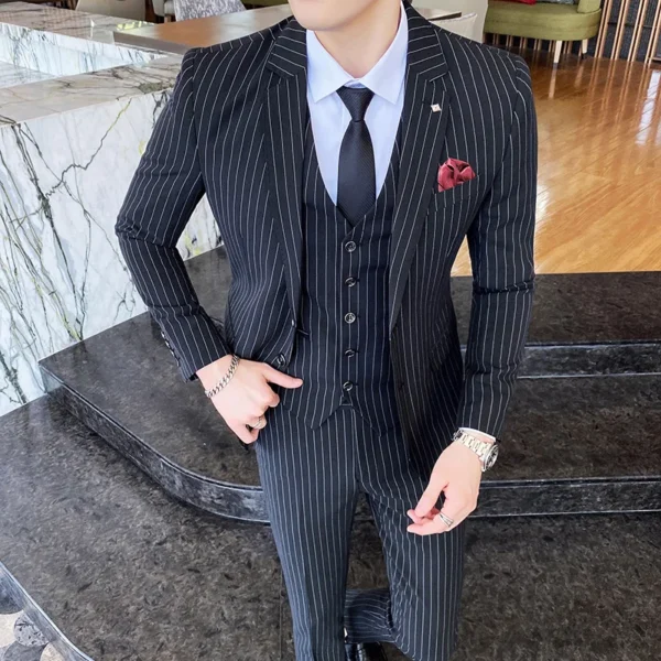 ( Jacket + Vest + Pants ) Prom Groom Tuxedos Latest Designs Male Wedding Suits 3Pcs Set Men's striped casual business suit - Image 5