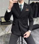 M-7XL ( Blazer + Pants ) Luxury Classic Striped Men's Official Office Casual Business Double -breasted Suit Groom Wedding Gown