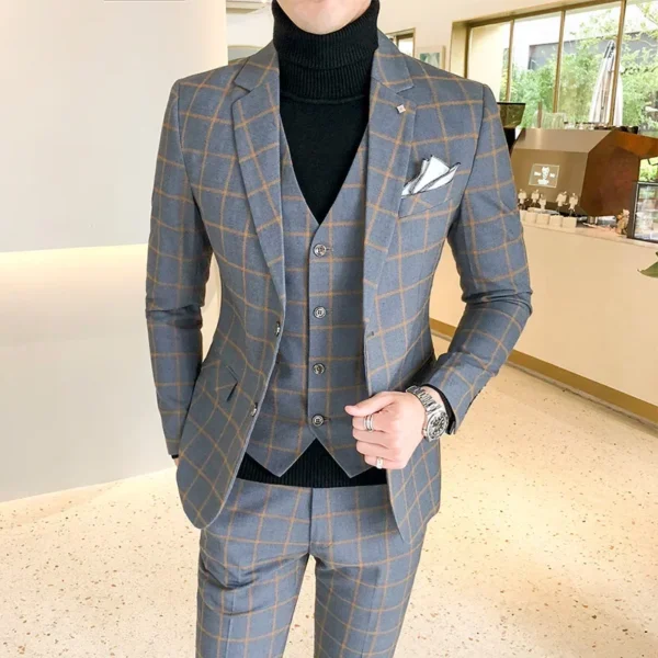 Blazer and Vest and Pants / Boutique Fashion Plaid Men's Casual Business Suit 3pcs Set Groom Wedding Dress Performance Costume - Image 4