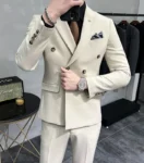 ( Jacket + Pants ) Brand Solid Color Formal Casual Business Office Double Buttons Suit Two-pcs Set Groom Wedding Dress Party