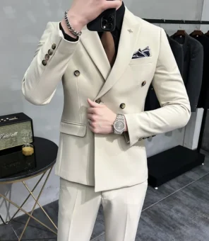 ( Jacket + Pants ) Brand Solid Color Formal Casual Business Office Double Buttons Suit Two-pcs Set Groom Wedding Dress Party