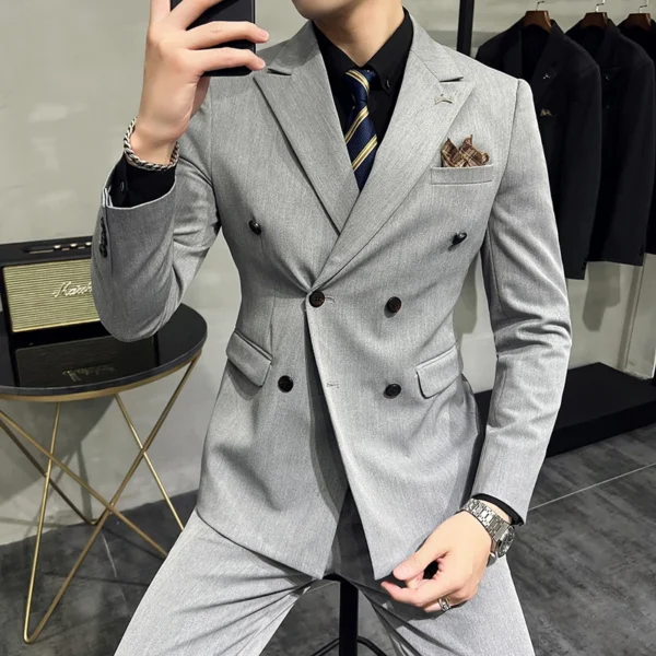 ( Blazers + Pants ) Boutique Fashion Solid Color Double-breasted Men's Casual Business Slim Suit 2-piece Set Groom Wedding Dress - Image 3