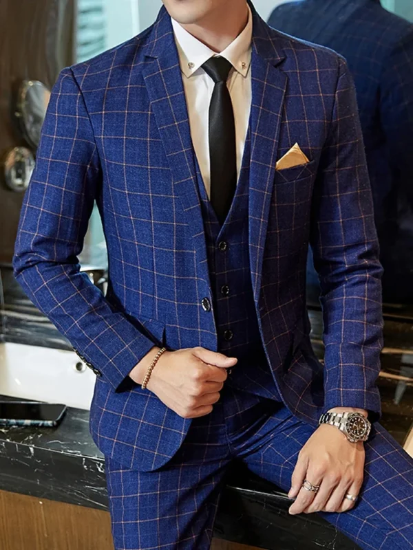 Blazer Vest Pants Groom Wedding Dress Stage Party Suit Three Piece Set and Two Piece Set Mens casual business classic plaid suit - Image 2