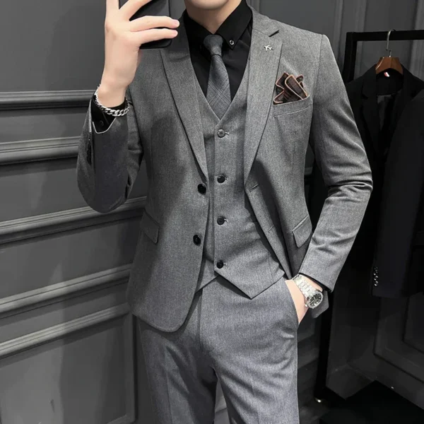 ( Blazer + Vest + Pants ) Boutique Fashion Solid Color Men's Slim Casual Business Suit Three-piece Set Groom Wedding Dress Party - Image 2