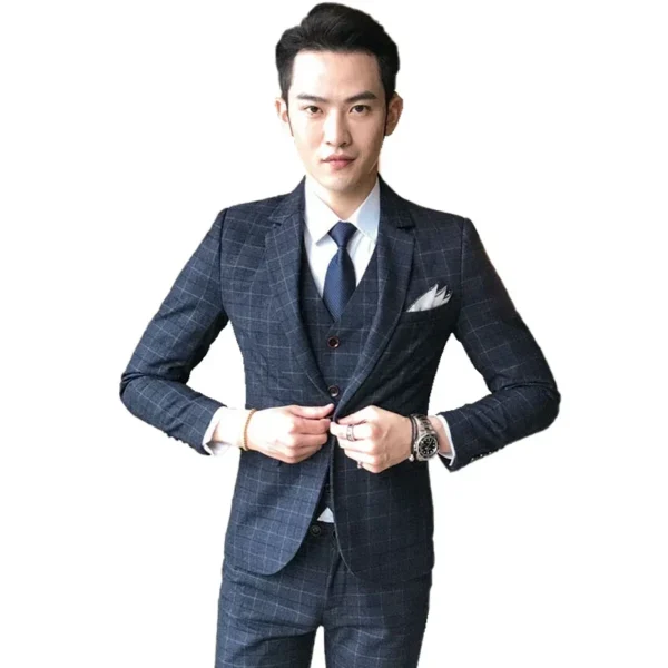 ( Jacket + Vest + Pants ) Mens Suit 3 Piece Fashion Boutique Plaid Wedding Business Casual Men Blazer Wedding Party Dress Suits - Image 4