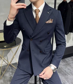 ( Blazer+Vest+Pants ) Groom Wedding Male Suit Luxury Brand Fashion Striped Men's Casual Business Office Double Breasted Suit