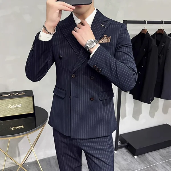 M-7XL ( Blazer + Pants ) Luxury Classic Striped Men's Official Office Casual Business Double -breasted Suit Groom Wedding Gown - Image 4