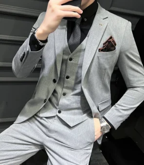 ( Blazer + Vest + Pants ) Boutique Fashion Solid Color Men's Slim Casual Business Suit Three-piece Set Groom Wedding Dress Party