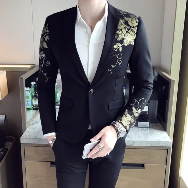 2024 New Luxury Gold Print Blazer Slim Fit Men Blazer Stage Cloth Social Party Wedding Dress Male Black Suit Jacket - Image 5