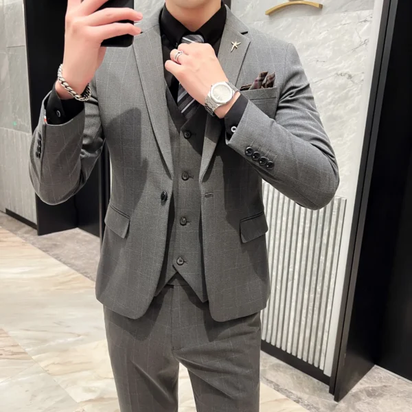 ( Blazer + Vest + Pants ) High-end Retro Fashion Plaid Casual Business Men's Suit 3 Pcs Set Groom Groomsmen Party Wedding Dress - Image 2